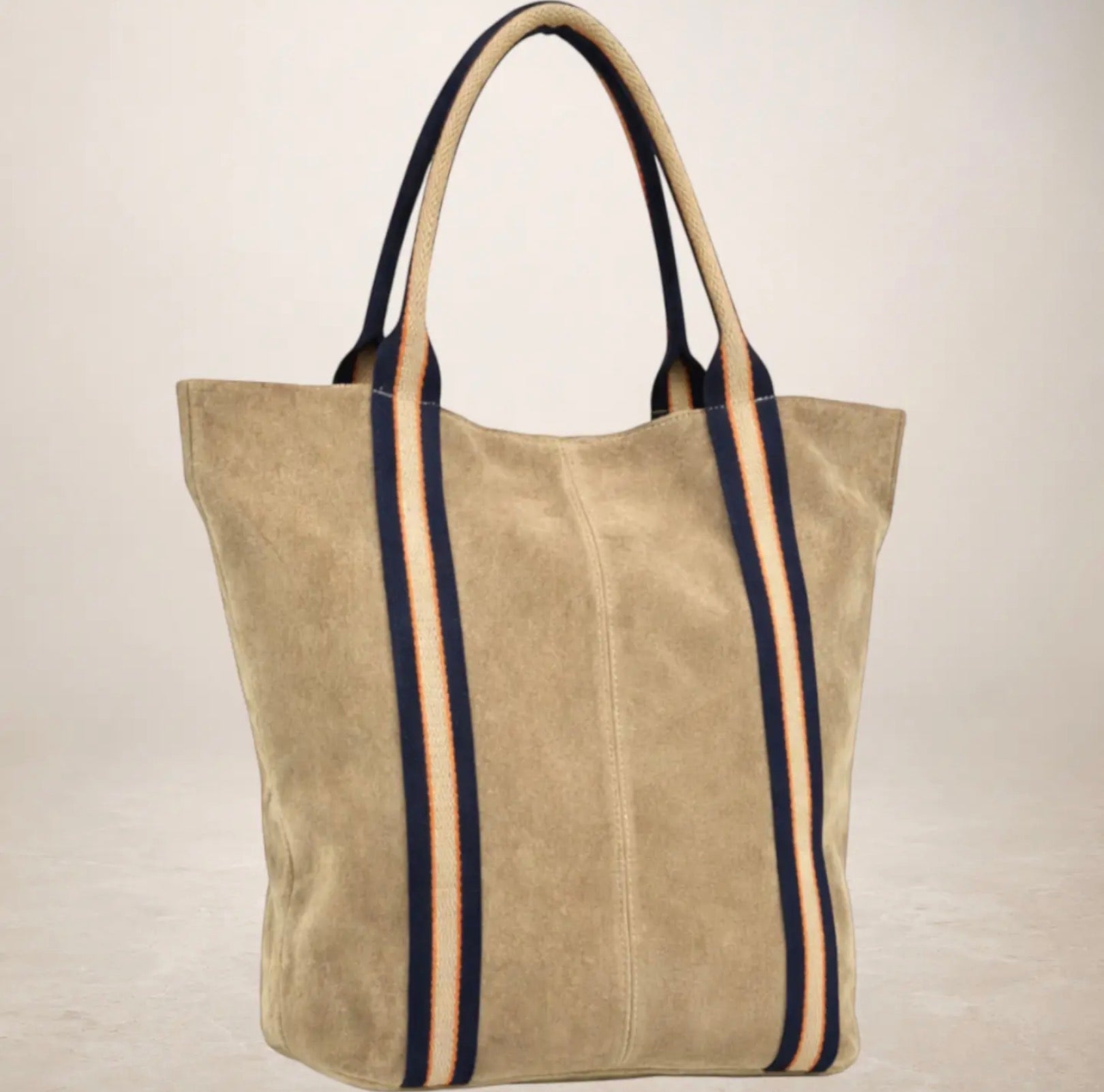Italian Suede Leather Shopper Bag with Sporty Canvas Strap - Brown