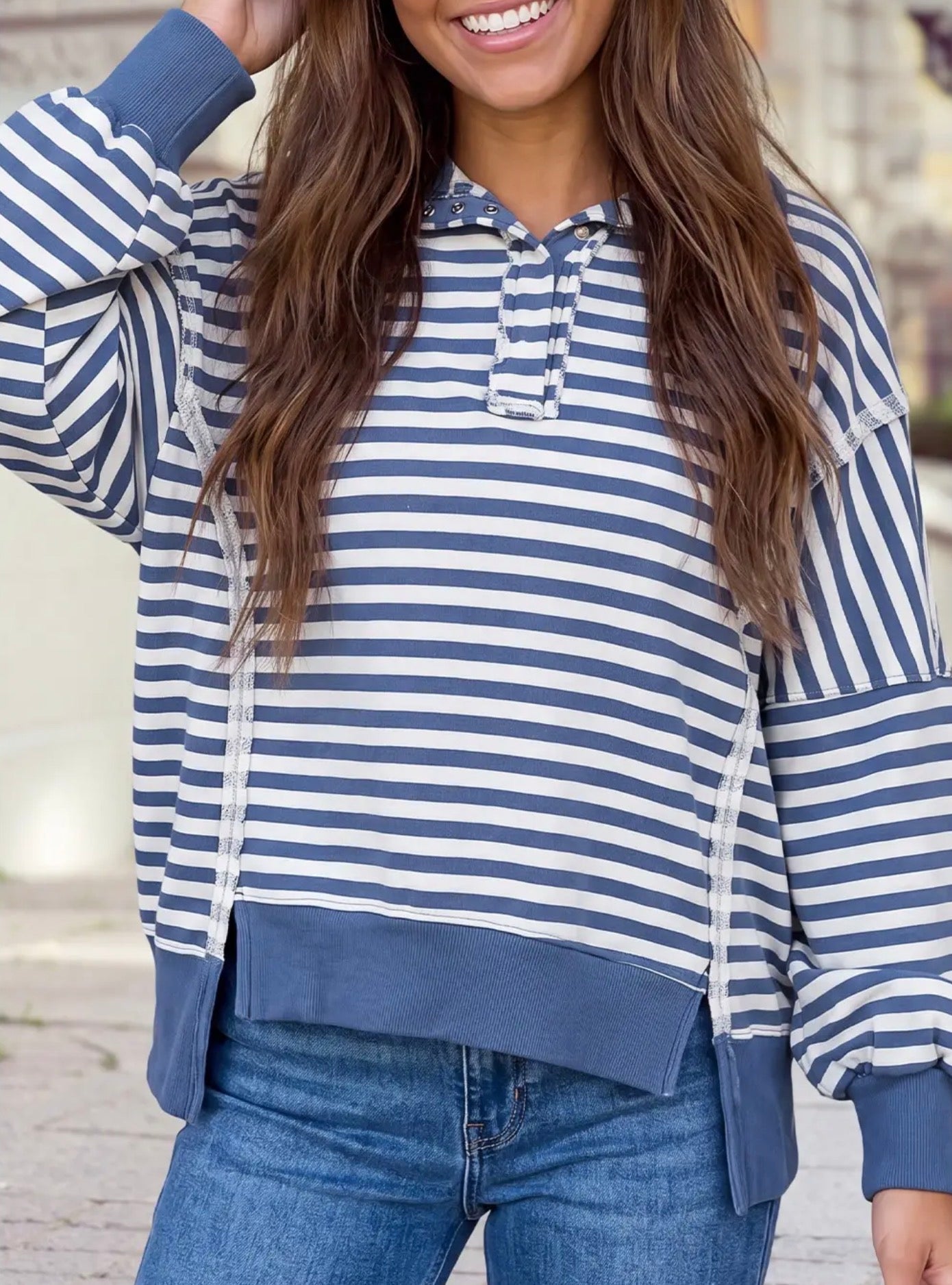 Oversized Stripe Collar Half Button Long Sleeve Striped Sweatshirt