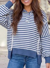 Oversized Stripe Collar Half Button Long Sleeve Striped Sweatshirt