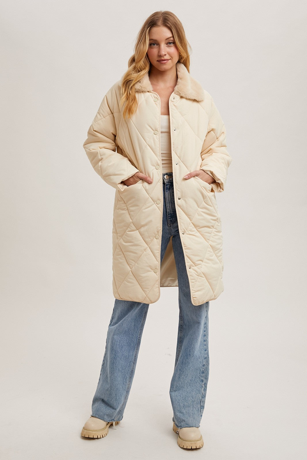 Gillian Quilted Puffer Midi Jacket -Ecru