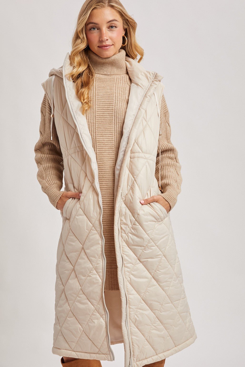 Elyse Diamond Quilted Long Hooded Vest - Beige