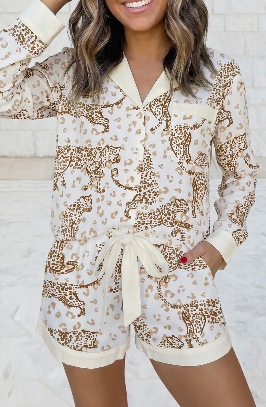 Leopard Print Collar Long Sleeve Shirt & Shorts Pajama Set