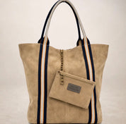 Italian Suede Leather Shopper Bag with Sporty Canvas Strap - Tan