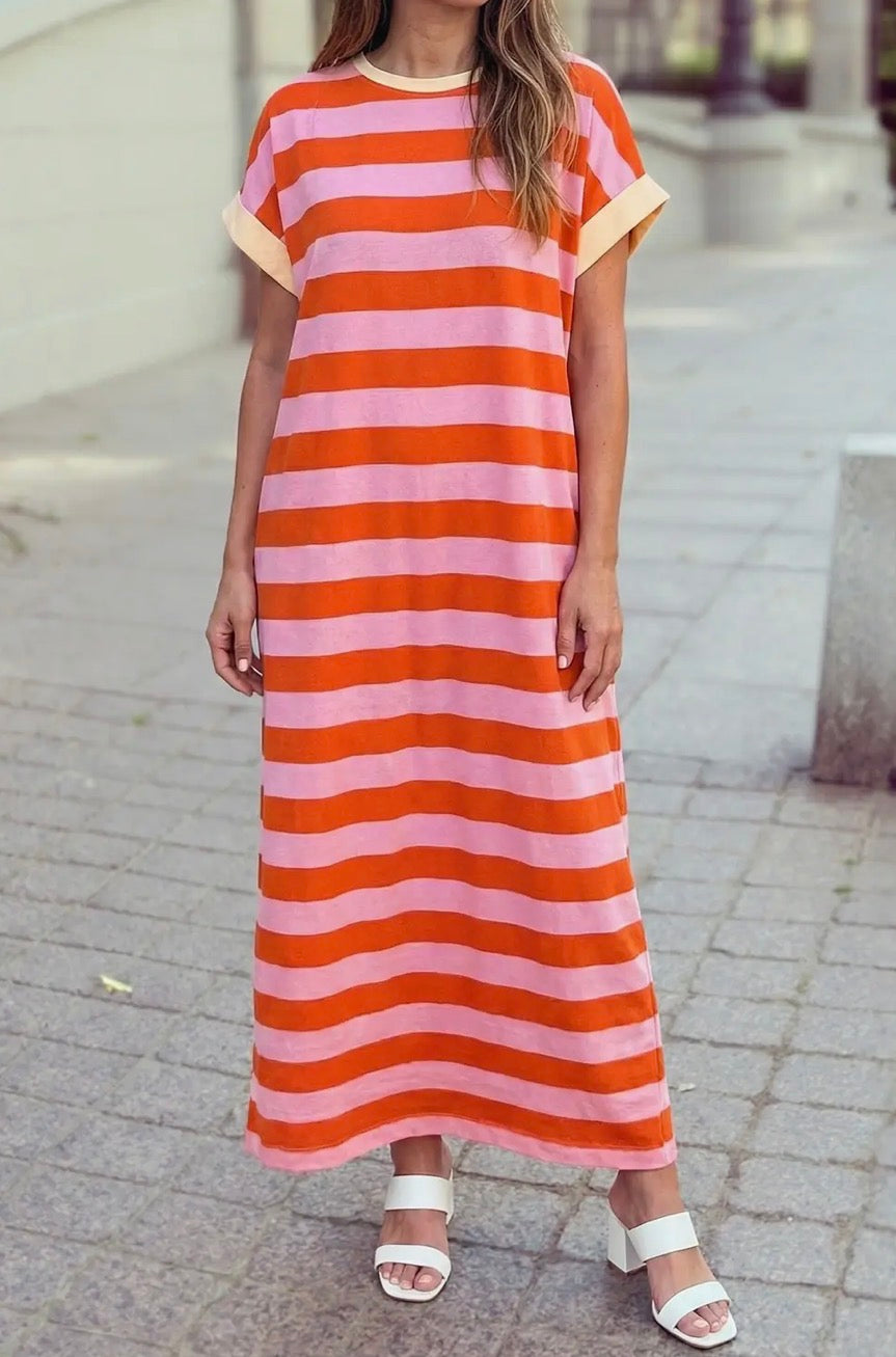 Contrasting Cuffed Pocketed Shift Striped Long Dress