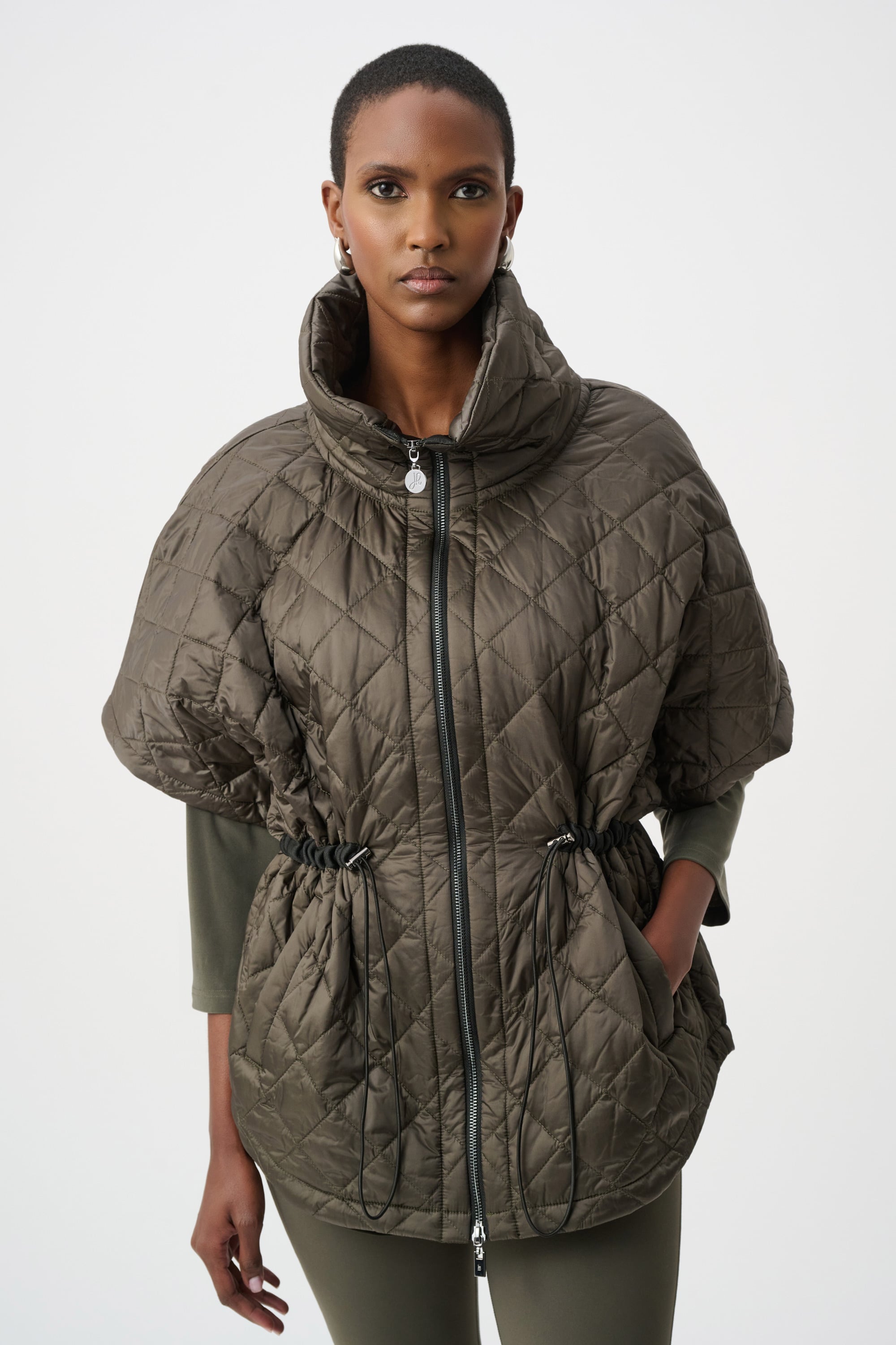 Quilted Nylon Shawl-Neck Boxy Vest 263643 by Joseph Ribkoff - avocado