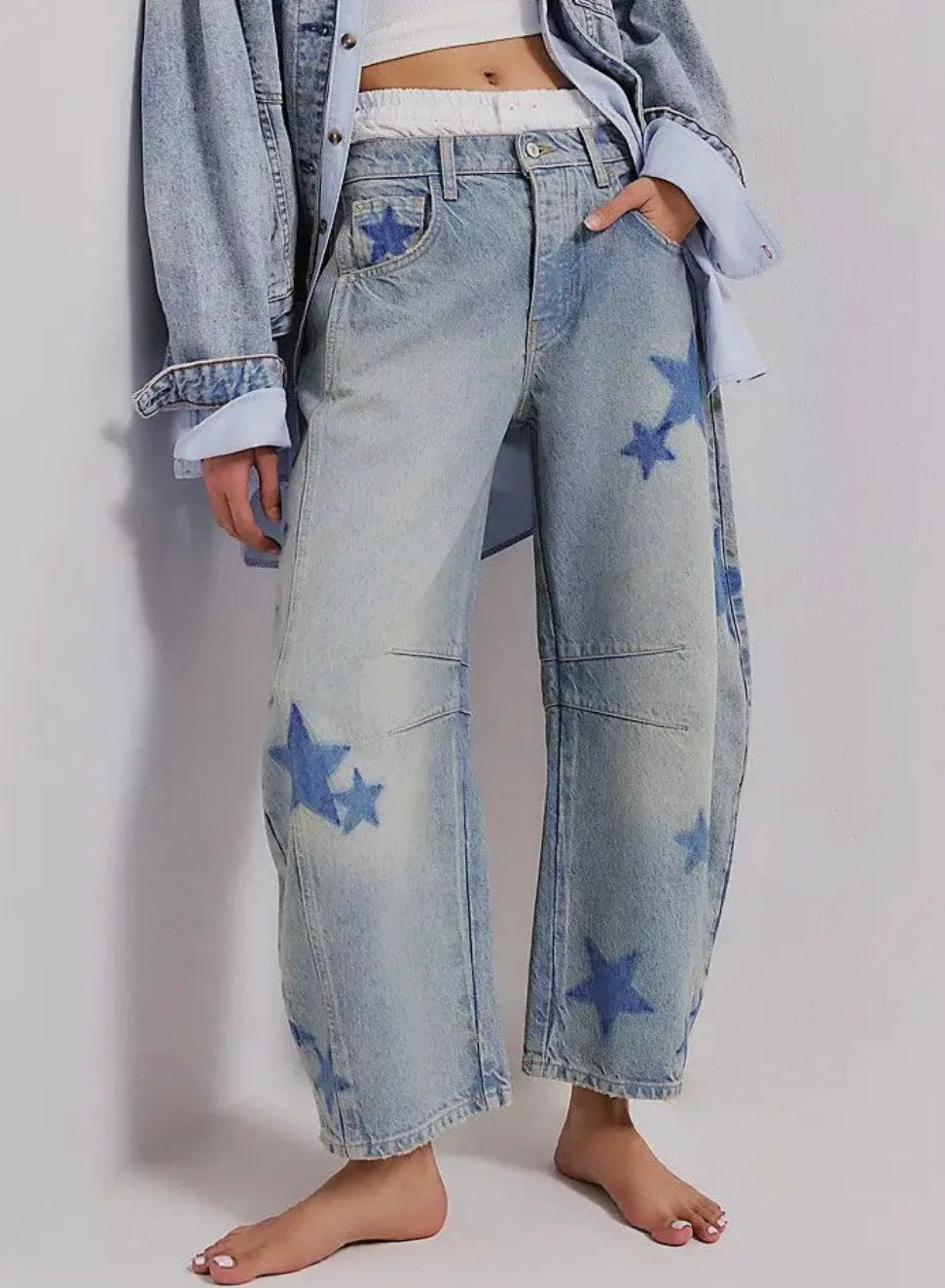 Love Star Print Loose Midi Waist Jeans