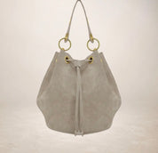 Italian Suede Leather Bucket Bag - Taupe