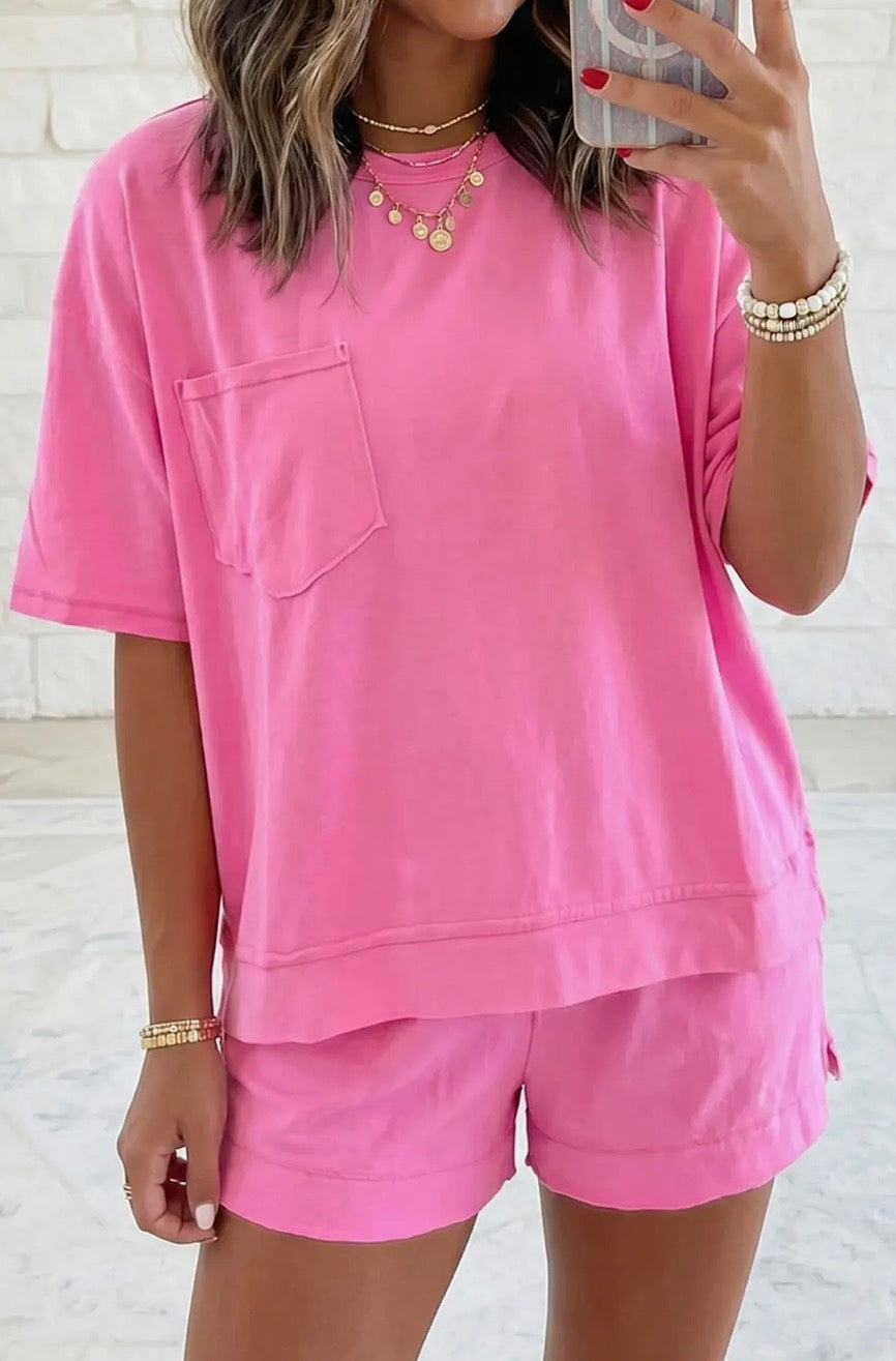 Raw Edge Patch Pocket Oversized Top and Slit Hem Shorts Set