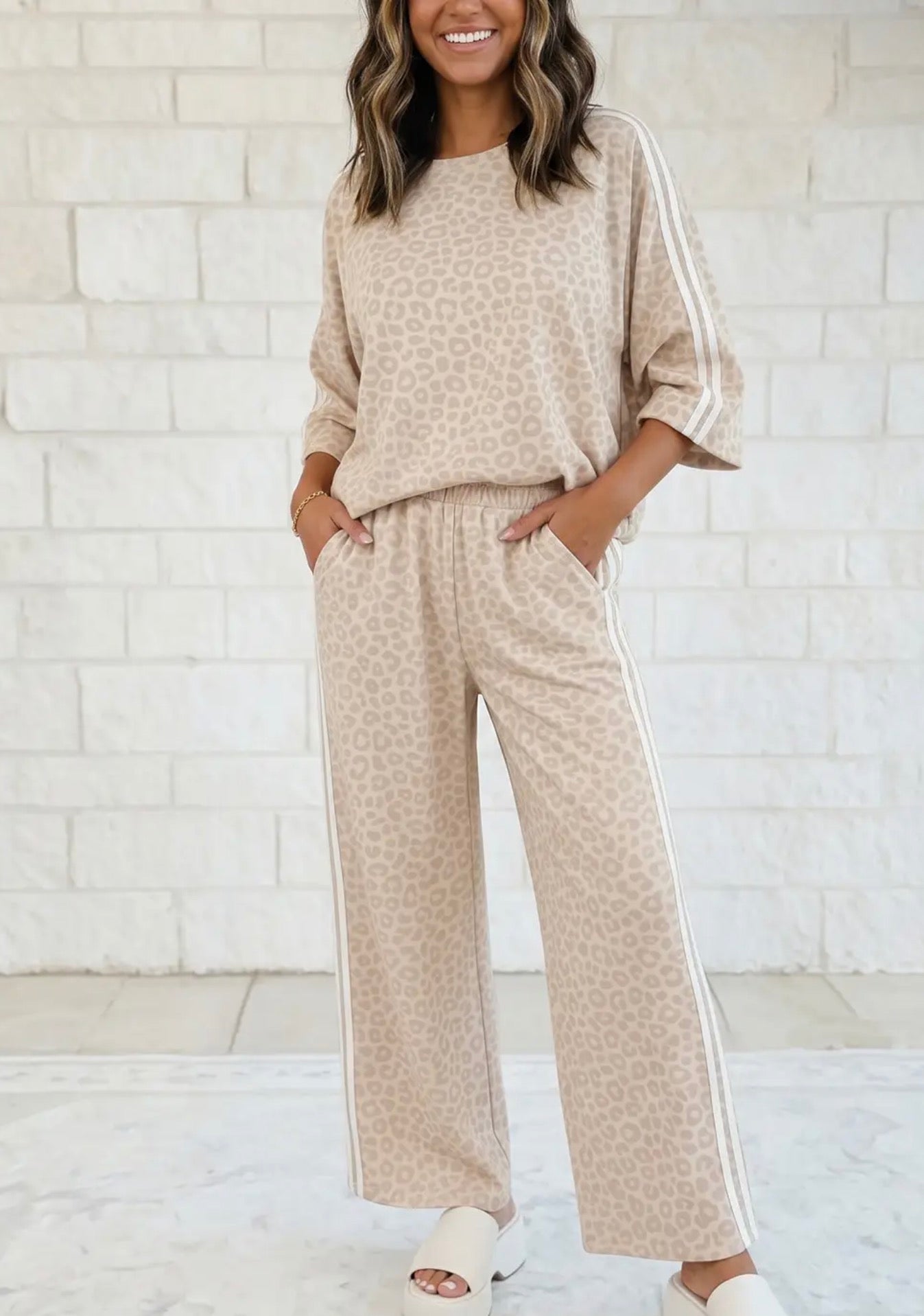 Leopard Print Varsity Striped 3/4 Sleeve Top Shift Pant Set
