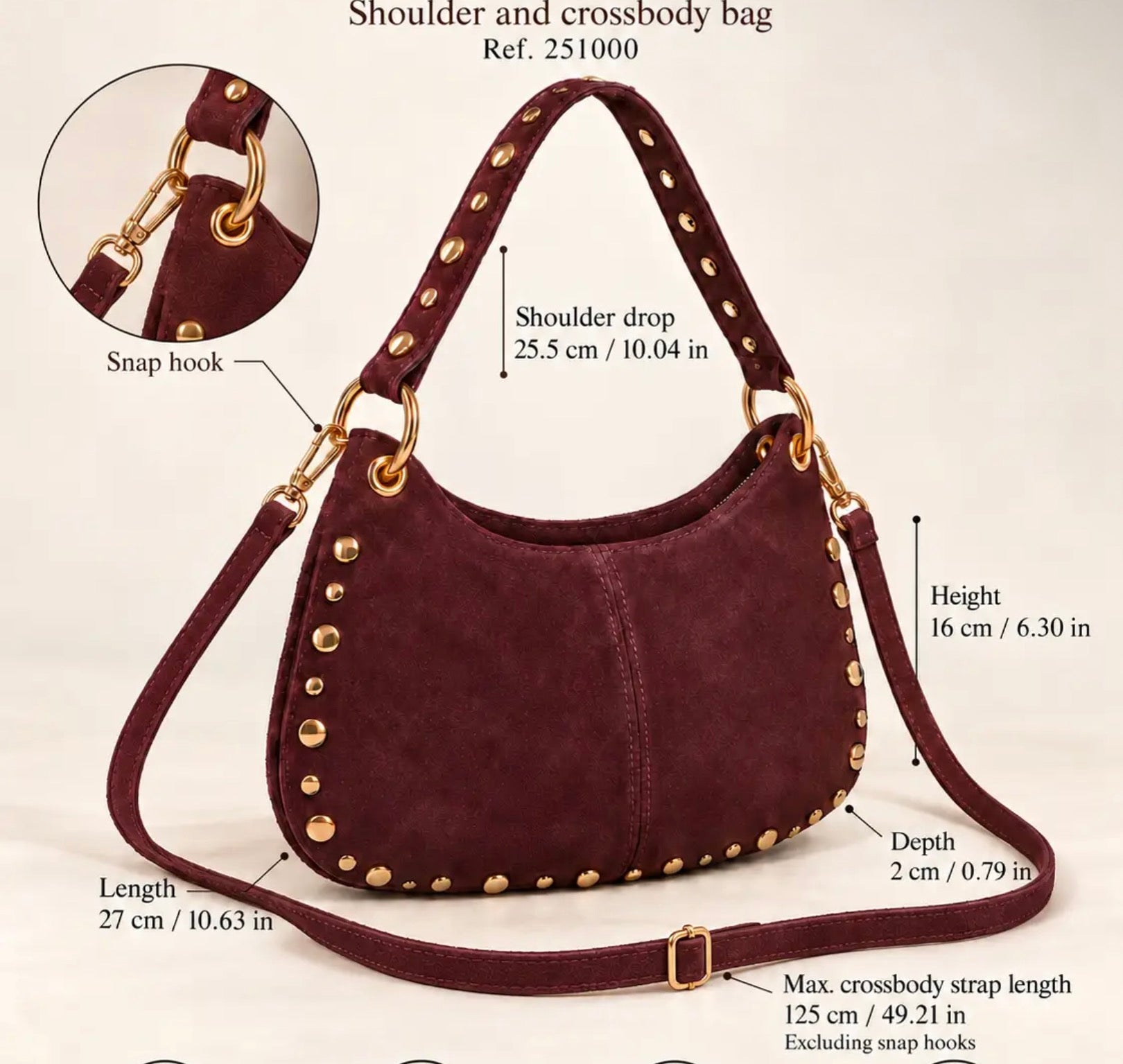 Italian Suede Leather Shoulder and Crossbody Bag - wine