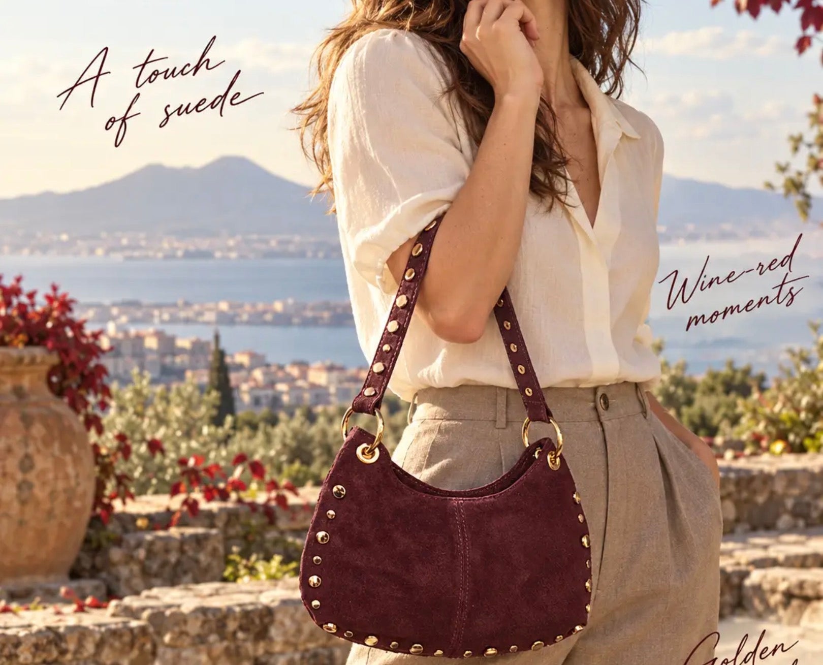 Italian Suede Leather Shoulder and Crossbody Bag - wine