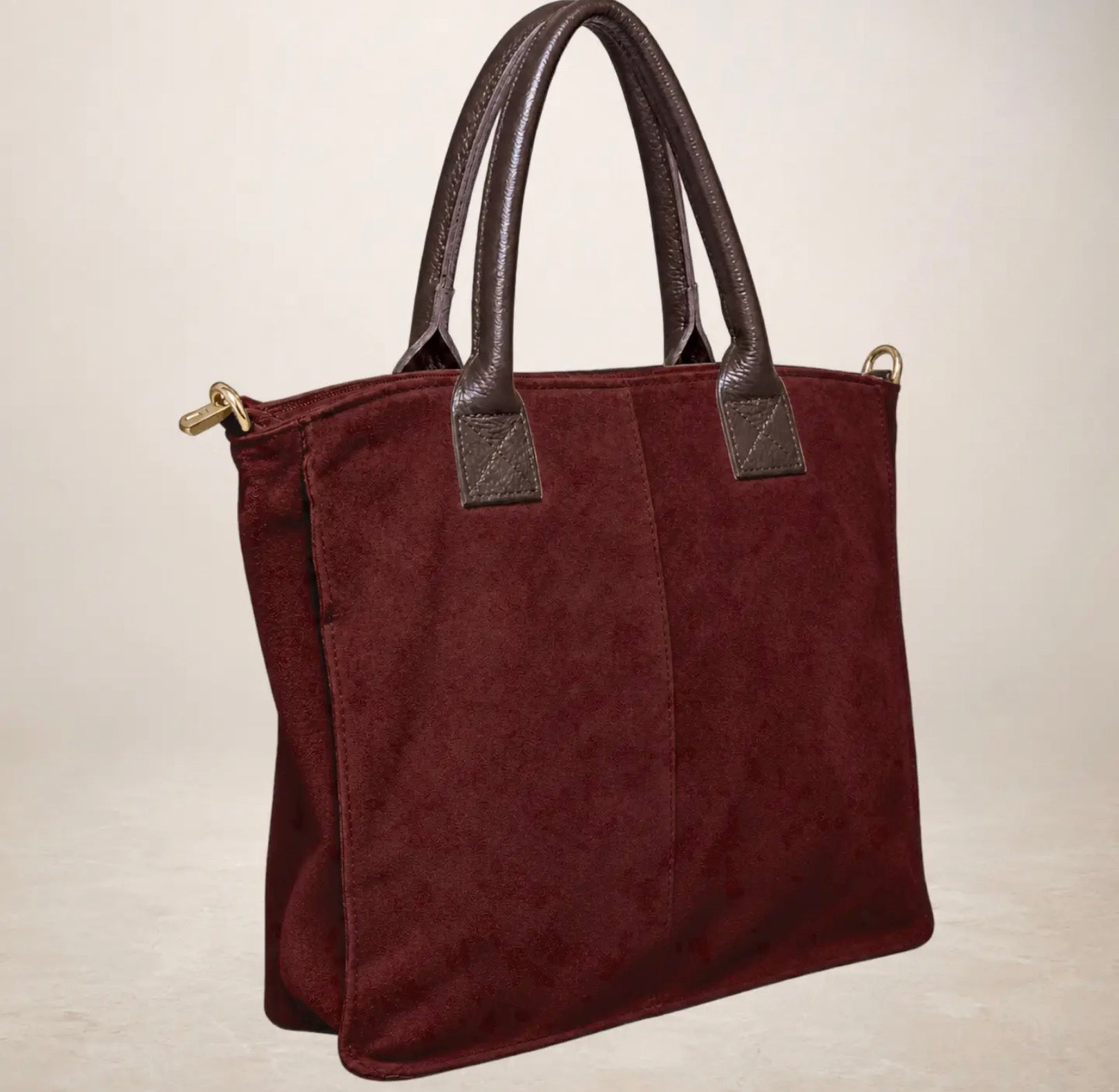 Italian Suede Leather Shopper Bag - Wine