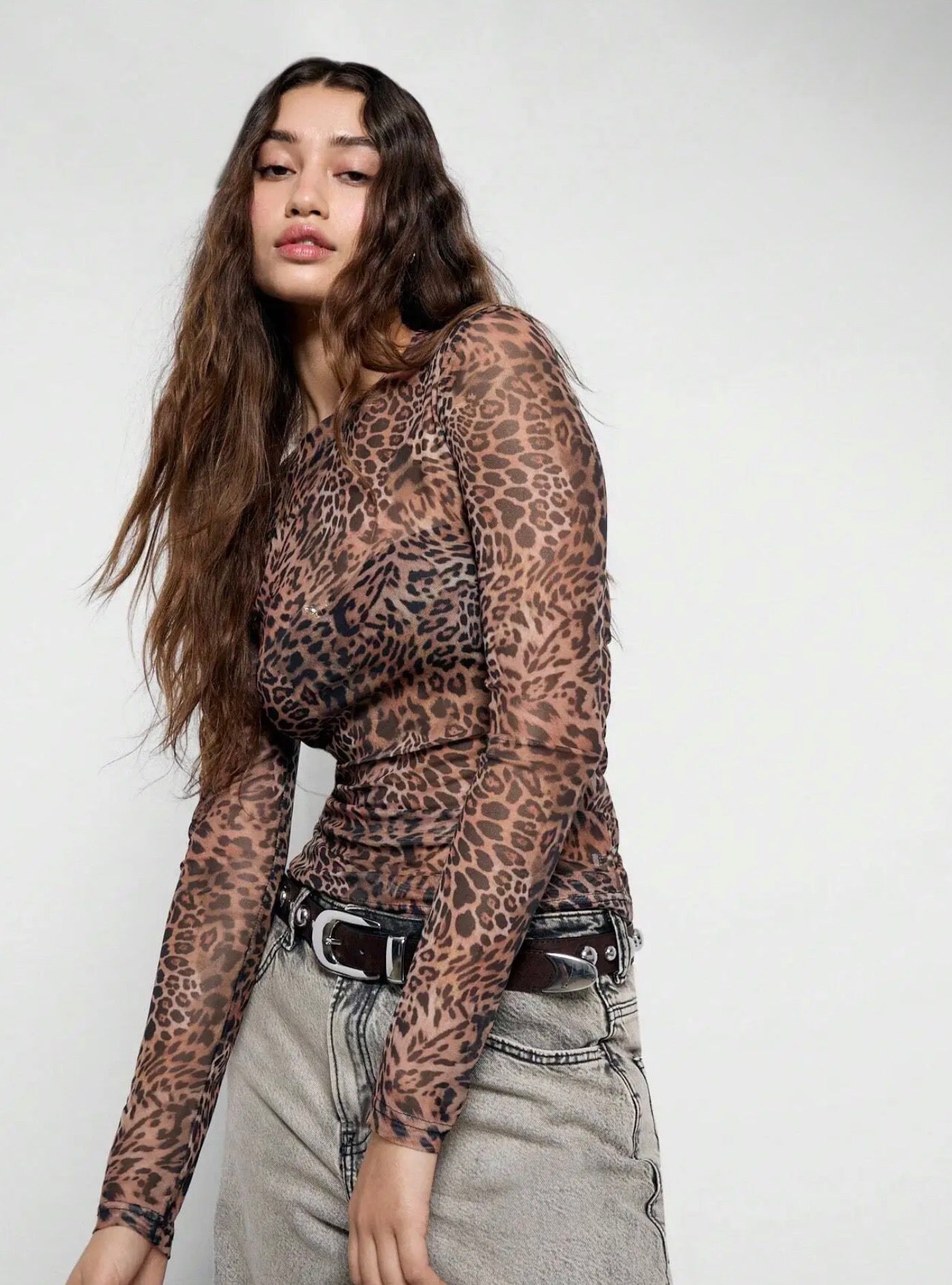 Long sleeve printed mesh top - leopard print