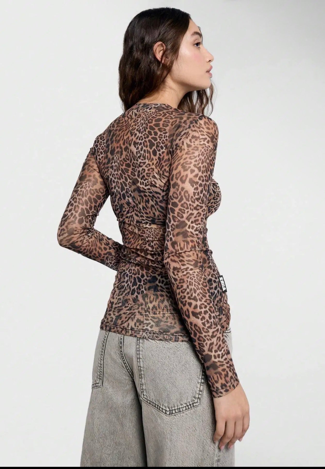 Long sleeve printed mesh top - leopard print