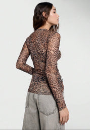 Long sleeve printed mesh top - leopard print