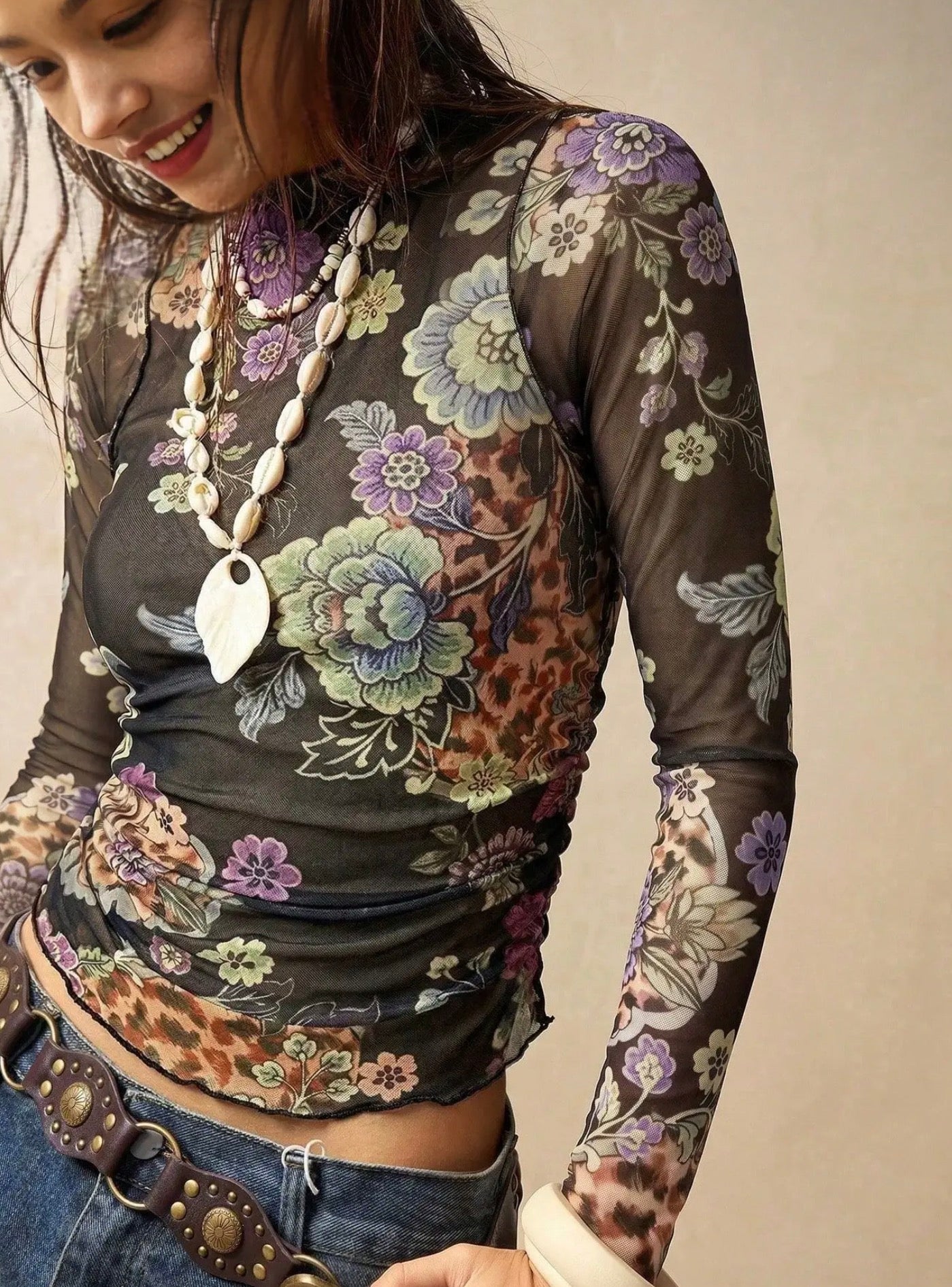 Long sleeve printed mesh top - floral animal print