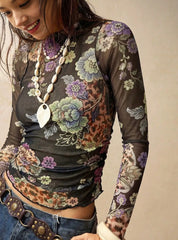 Long sleeve printed mesh top - floral animal print