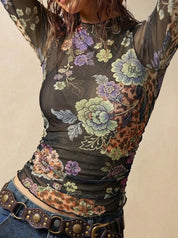 Long sleeve printed mesh top - floral animal print