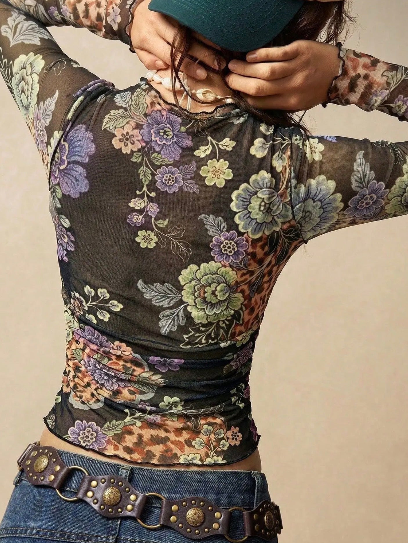 Long sleeve printed mesh top - floral animal print