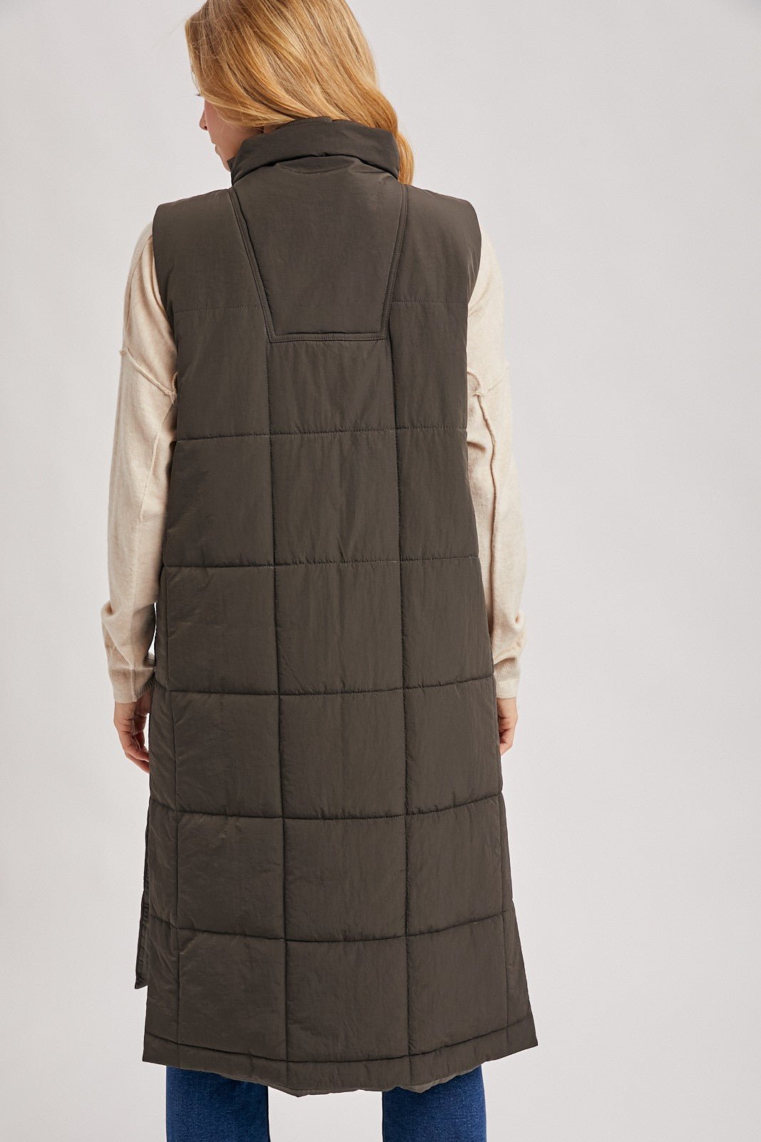 Amanda Quilted Longline Puffer Vest - Ash - Blue Sky Fashions & Lingerie