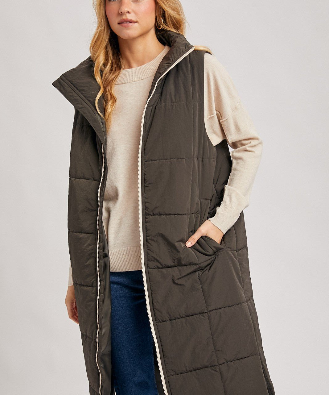 Amanda Quilted Longline Puffer Vest - Ash - Blue Sky Fashions & Lingerie