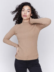 Basic Ribbed Knit Mock Neck Sweater by Charlie B - Truffle - Blue Sky Fashions & Lingerie