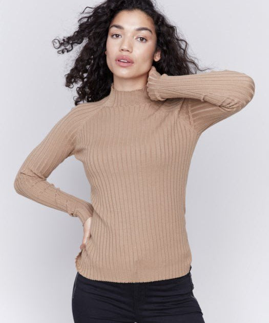 Basic Ribbed Knit Mock Neck Sweater by Charlie B - Truffle - Blue Sky Fashions & Lingerie