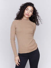 Basic Ribbed Knit Mock Neck Sweater by Charlie B - Truffle - Blue Sky Fashions & Lingerie