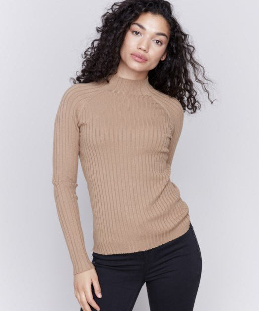 Basic Ribbed Knit Mock Neck Sweater by Charlie B - Truffle - Blue Sky Fashions & Lingerie