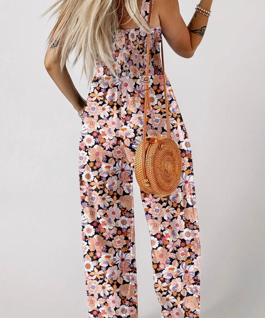 Boho Floral Print Smocked High Waist Square Neck Jumpsuit - Blue Sky Fashions & Lingerie