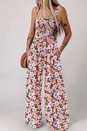 Boho Floral Print Smocked High Waist Square Neck Jumpsuit - Blue Sky Fashions & Lingerie
