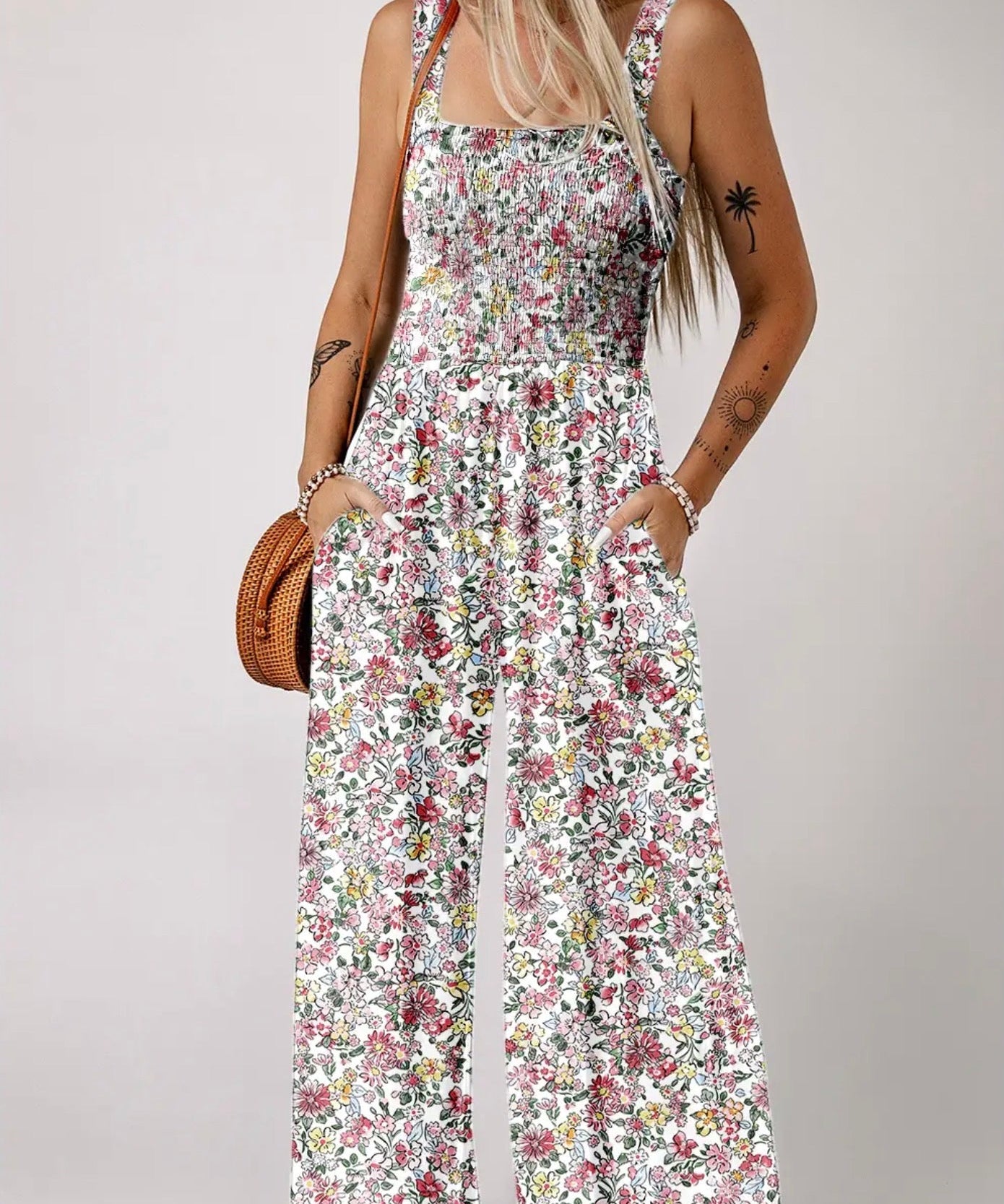 Boho Floral Print Smocked High Waist Square Neck Jumpsuit pink - Blue Sky Fashions & Lingerie