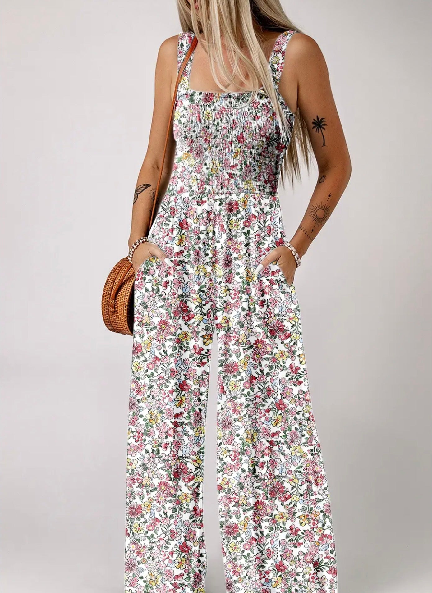 Boho Floral Print Smocked High Waist Square Neck Jumpsuit pink - Blue Sky Fashions & Lingerie