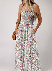 Boho Floral Print Smocked High Waist Square Neck Jumpsuit pink - Blue Sky Fashions & Lingerie