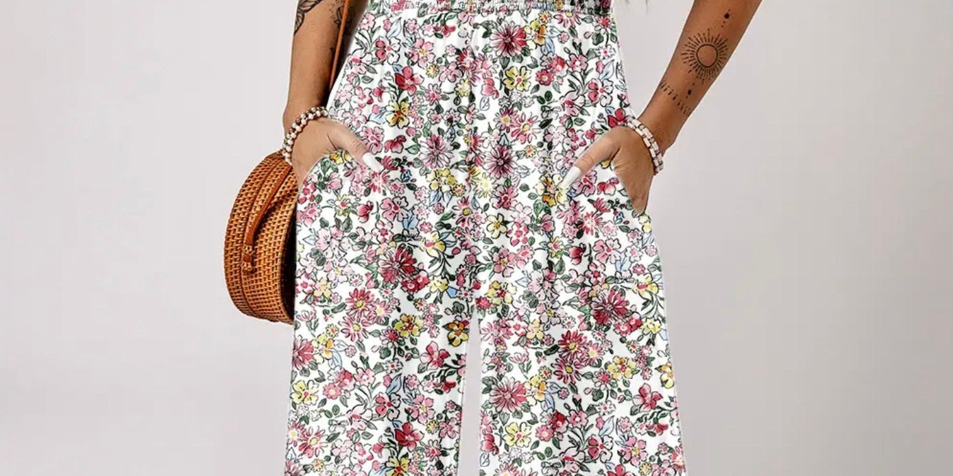 Boho Floral Print Smocked High Waist Square Neck Jumpsuit pink - Blue Sky Fashions &amp; Lingerie