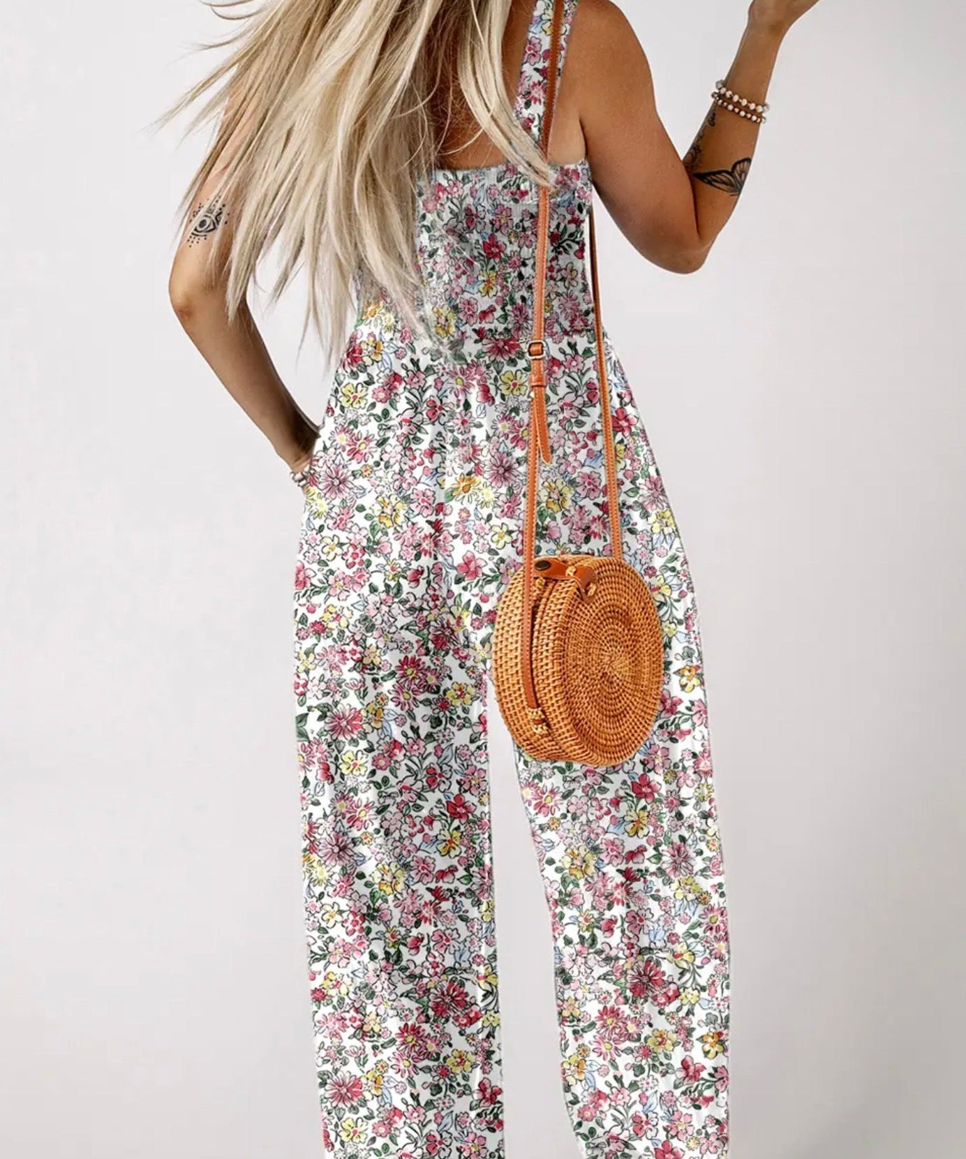 Boho Floral Print Smocked High Waist Square Neck Jumpsuit pink - Blue Sky Fashions & Lingerie
