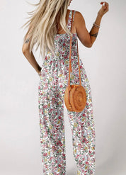 Boho Floral Print Smocked High Waist Square Neck Jumpsuit pink - Blue Sky Fashions & Lingerie