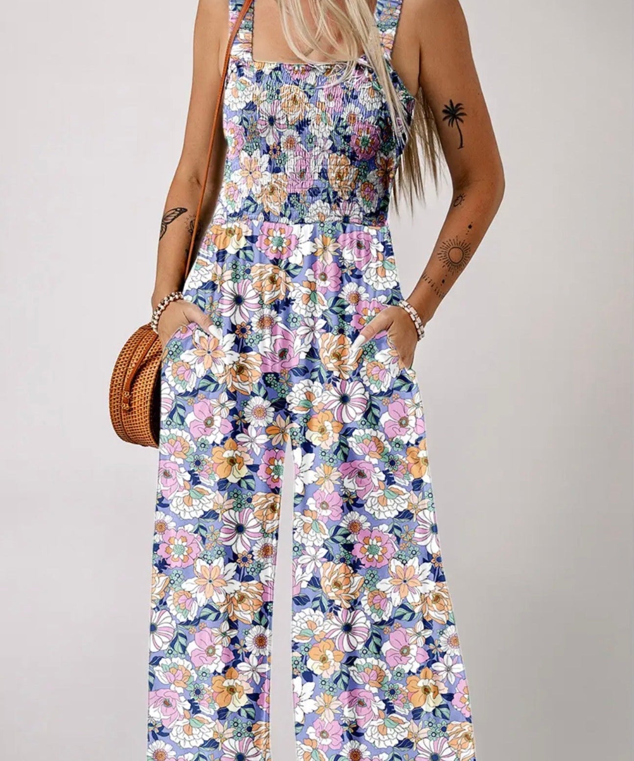 Boho Floral Print Smocked High Waist Square Neck Jumpsuit purple - Blue Sky Fashions & Lingerie