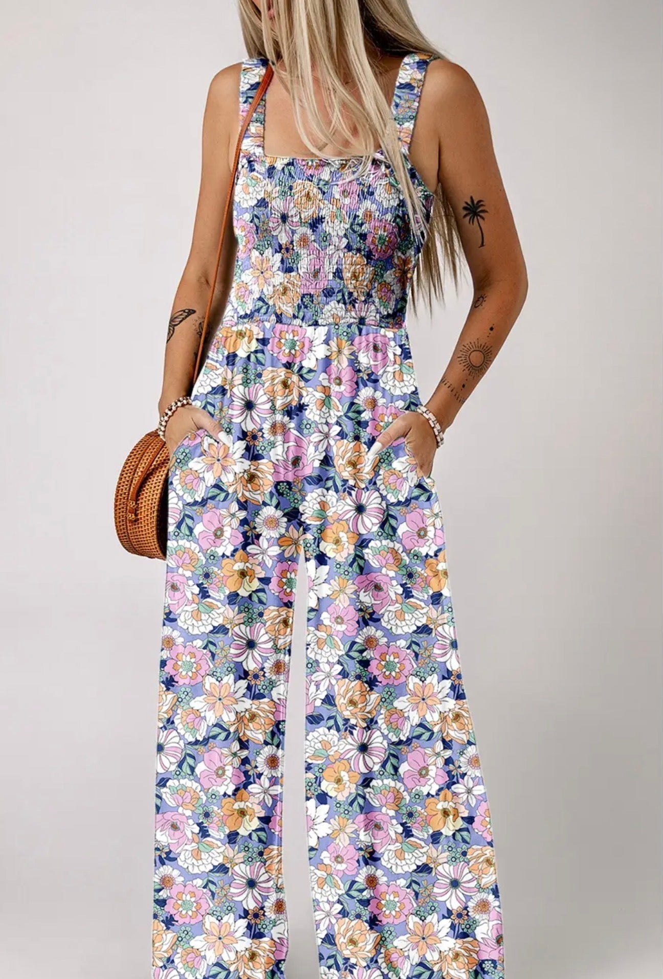 Boho Floral Print Smocked High Waist Square Neck Jumpsuit purple - Blue Sky Fashions & Lingerie