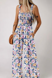 Boho Floral Print Smocked High Waist Square Neck Jumpsuit purple - Blue Sky Fashions & Lingerie
