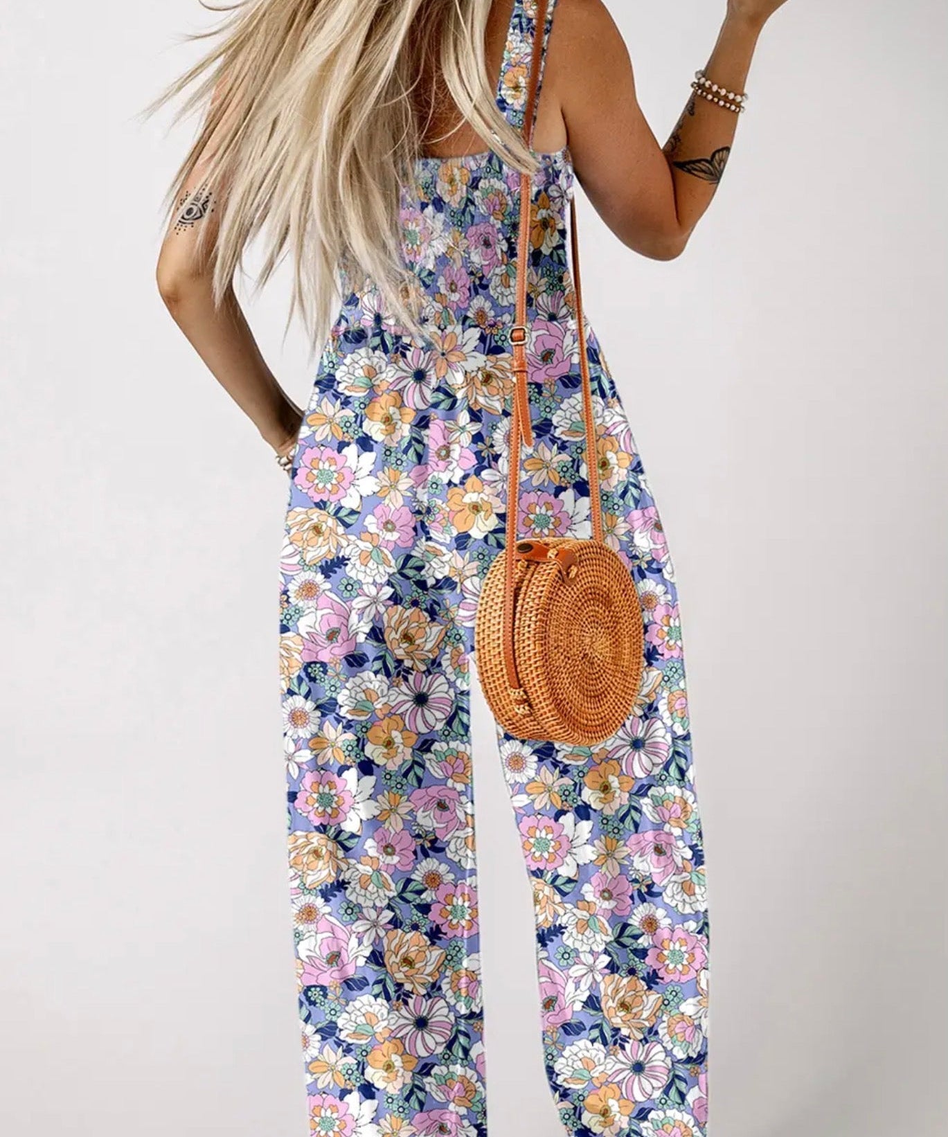 Boho Floral Print Smocked High Waist Square Neck Jumpsuit purple - Blue Sky Fashions & Lingerie