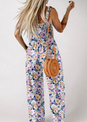 Boho Floral Print Smocked High Waist Square Neck Jumpsuit purple - Blue Sky Fashions & Lingerie