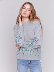 Border Floral Embroidered Crew - Neck Sheer Knit Sweater by Charlie B - Blue Sky Fashions & Lingerie