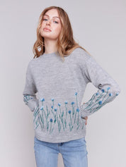 Border Floral Embroidered Crew - Neck Sheer Knit Sweater by Charlie B - Blue Sky Fashions & Lingerie