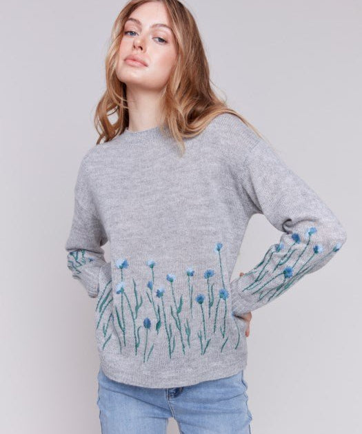 Border Floral Embroidered Crew - Neck Sheer Knit Sweater by Charlie B - Blue Sky Fashions & Lingerie