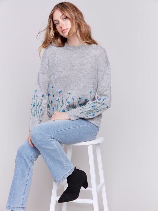 Border Floral Embroidered Crew - Neck Sheer Knit Sweater by Charlie B - Blue Sky Fashions & Lingerie