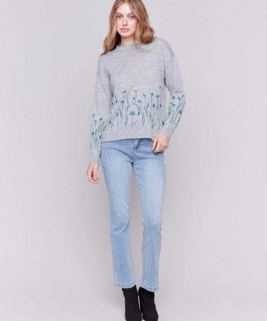 Border Floral Embroidered Crew - Neck Sheer Knit Sweater by Charlie B - Blue Sky Fashions & Lingerie