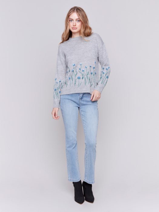 Border Floral Embroidered Crew - Neck Sheer Knit Sweater by Charlie B - Blue Sky Fashions & Lingerie