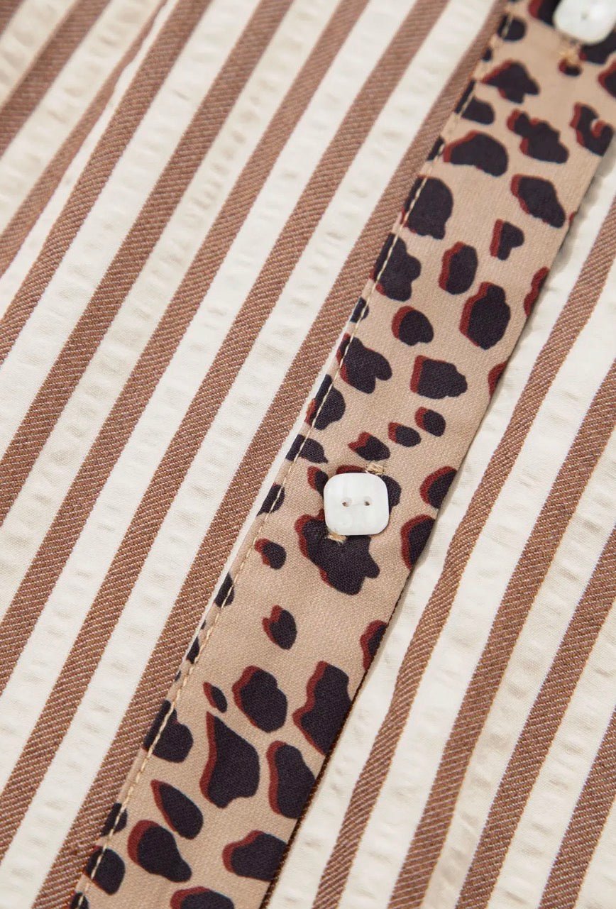 Button front Leopard Trim Loose Bracelet Sleeve Shirt Dress - Blue Sky Fashions & Lingerie