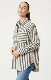 Button - Up Long Sleeve Shirt - Beige Bold Stripe - Blue Sky Fashions & Lingerie